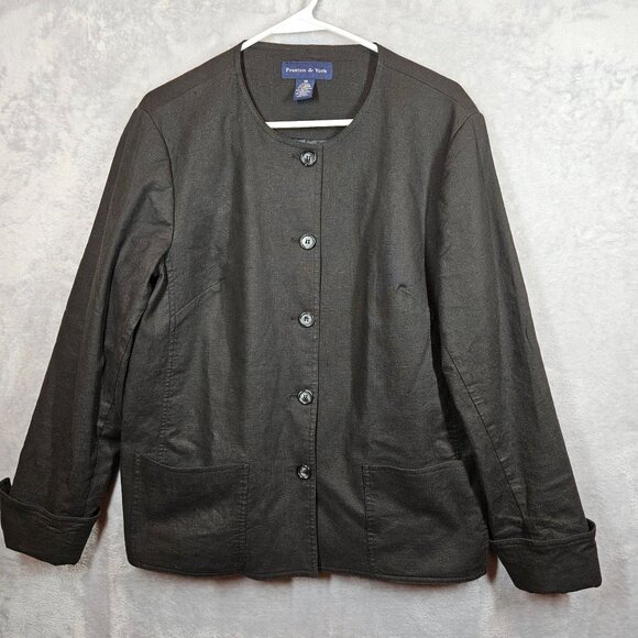 Preston & York Linen Blazer Womens 16 Black flip cuff collarless button career - Picture 2 of 11